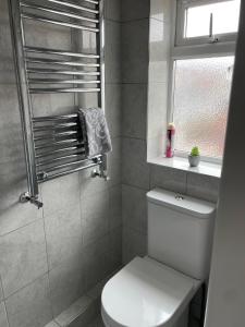 坎伯利Luxury 2 bedroom maisonette with private garden, fibre WIFI, Sky channels的一间带白色卫生间的浴室和窗户。