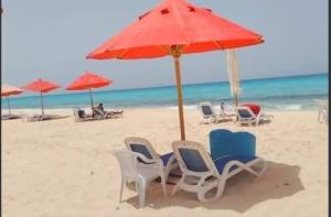 Abû Zeiraالكيلو 91-اكوا فيو aqua view للمصرين فقط的海滩上的一组椅子和一把遮阳伞