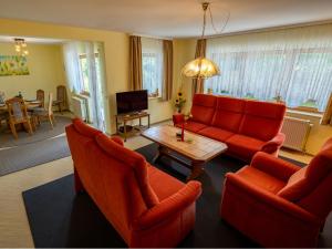 迪蒂斯豪森Holiday Home Rheingau by Interhome的客厅配有红色的沙发、椅子和桌子