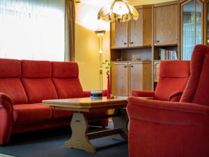 迪蒂斯豪森Holiday Home Rheingau by Interhome的客厅配有2把红色椅子和咖啡桌