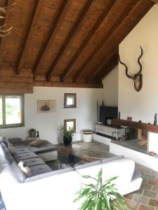韦尔科兰Chalet Familial Capricorne的客厅设有白色沙发和木制天花板。