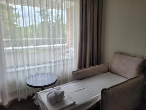 希萨里亚萨纳Spa酒店的窗户和桌子的房间的一张床位