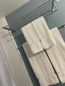 檀香山~Four-star serviced apartment的浴室的架子上挂着三条毛巾
