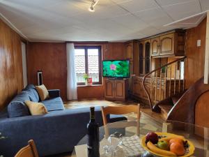 隆科索普拉阿斯科纳Holiday Home Bel Panorama - Casa nel Nucleo by Interhome的客厅配有蓝色的沙发和电视