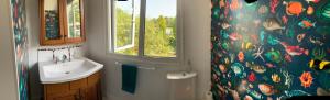 康斯坦丁Silverspring Farm En suite的一间带水槽、窗户和浴帘的浴室