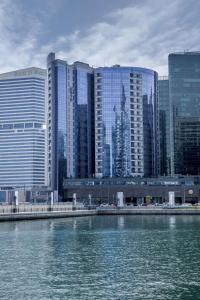 迪拜迪拜海滨丽笙酒店的城市高楼和水景