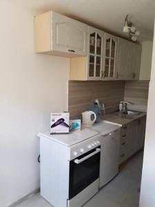 扎布利亚克Apartmani Popovic Lux的厨房配有白色橱柜和白色炉灶烤箱。