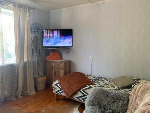 库雷萨雷Villa Mariett的客厅设有壁挂式平面电视。