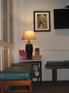 蒙得维的亚Hotel Ideal的椅子间桌子上的一盏灯