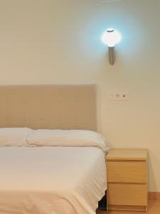毕尔巴鄂Apartamentos Lidar的卧室配有一张床,墙上有灯
