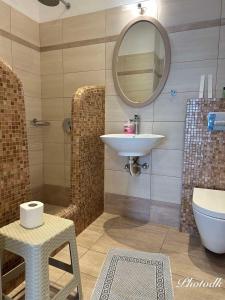 佩里萨圣巴巴拉酒店的一间带水槽、卫生间和镜子的浴室
