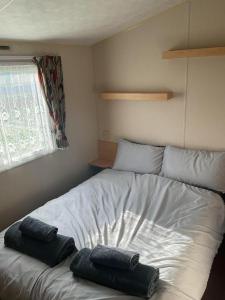 英戈尔德梅尔斯Fantasy Island, Sunnymede 8 Berth的一张位于房间的床,上面有两个枕头
