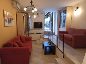 约阿尼纳阿吉尔克里玛公寓式酒店的客厅配有2张红色沙发和电视