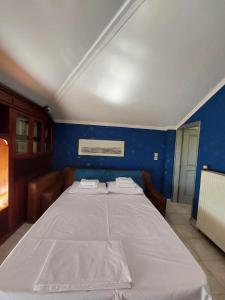 XilokéraLio's Villa的一张大床,位于一个蓝色的墙壁内