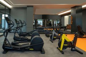 马尼萨DoubleTree by Hilton Manisa的健身房设有数台跑步机和有氧运动器材
