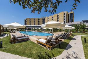 阿瓦诺斯阿凡诺斯卡帕多西亚希尔顿逸林酒店的一个带躺椅和遮阳伞的游泳池