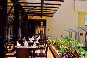 内罗毕内罗毕希尔顿逸林酒店 的用餐室配有桌椅和植物