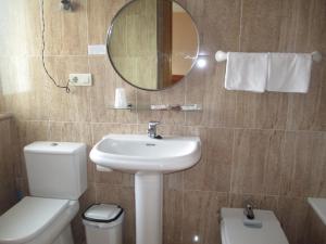 里瓦德塞利亚Hotel Brisas del Sella的一间带水槽、卫生间和镜子的浴室