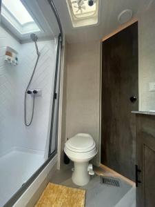 德兰Your Personal 'Glamp' Site! AC - BBQ - Fast WiFi的一间带卫生间和淋浴的浴室。