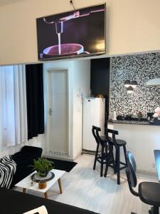 里约热内卢Studio Leblon的带沙发的客厅和带冰箱的厨房。