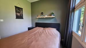 DoornspijkHuisje Weideblik的一间卧室配有一张床铺,床上铺有粉色毯子