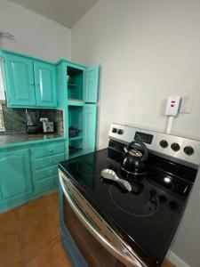 金斯敦Cozy 2 bedroom Townhouse in gated community, KGN8的厨房配有蓝色橱柜和炉灶烤箱。