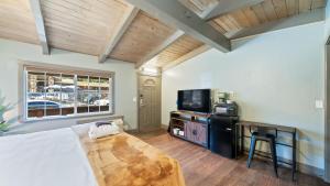 南太浩湖Blue Jay Lodge的一间卧室设有一张床、一台电视和一个窗口。