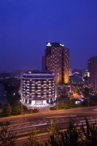 北京北京希尔顿酒店的城市天际线,在晚上有一座大建筑