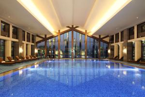 嘉兴嘉兴希尔顿逸林酒店的一座大型游泳池,位于一座带窗户的建筑内