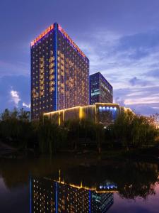 杭州杭州西溪紫金港希尔顿花园酒店的一座高大的建筑,晚上有灯