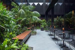 悉尼悉尼西部古玩系列希尔顿酒店的一间设有桌椅的餐厅,种植了植物