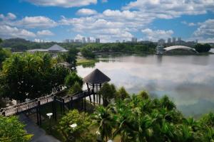 普特拉贾亚DoubleTree by Hilton Putrajaya Lakeside的享有湖泊美景,以城市为背景
