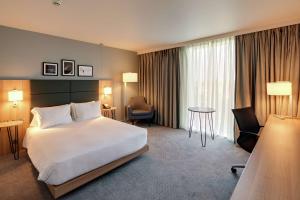 唐克斯特唐卡斯特赛马场希尔顿花园酒店的酒店客房设有一张大床和一张桌子。