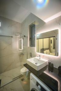 路特奇Etheras Luxury apartment的一间带水槽、卫生间和镜子的浴室
