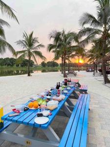 河内Blue Ocean Homestay的海滩上的一组蓝色野餐桌
