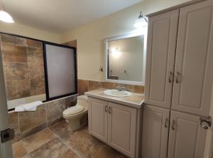 巴尼奥斯Casa Colonial "Dulce Hogar"的一间带水槽、卫生间和镜子的浴室