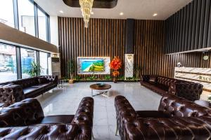 厄森尤特Blue Vista Hotel & SPA的一间设有真皮沙发和电视的等候室