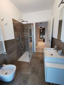 蒙扎La casa di Greta的带淋浴、卫生间和盥洗盆的浴室