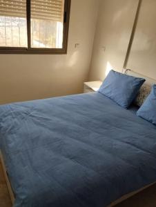 Ben YakhlefAppartement Cozy Louizia的一间卧室配有一张蓝色的床和窗户