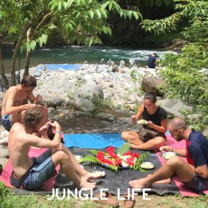 武吉拉旺Tereking the life Orangutan的一群人坐在一条河旁的毯子上