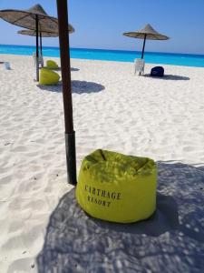 阿莱曼شاليه قرية قرطاج الساحل الشمالي的海滩上一个黄色的容器,上面有遮阳伞