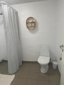 尼克宾摩斯Vestervang bed and breakfast的白色的浴室设有卫生间和淋浴。