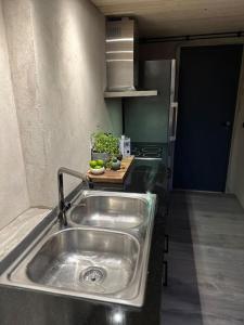 赫尔辛堡Gamla stallet的厨房配有不锈钢水槽