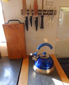 多尔盖罗Showman's Wagon at Coed Cae的厨房柜台配有带刀具的蓝茶壶