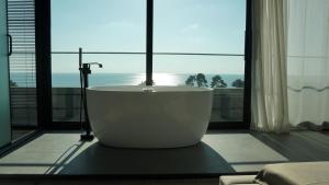 科布列季Hotel Nobilis Hall的带浴缸的大窗户