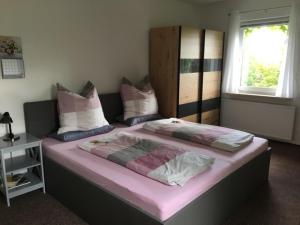 施瓦岑贝格阁老普内公寓的一间卧室设有两张带粉色床单的床和窗户。