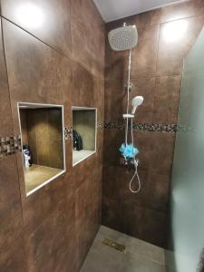 久姆里Hotel Elen的浴室设有棕色瓷砖和淋浴。