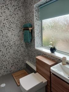 萨顿因阿什菲尔德Stunning Views Peaceful Split Level Bungalow的一间带卫生间、水槽和窗户的浴室