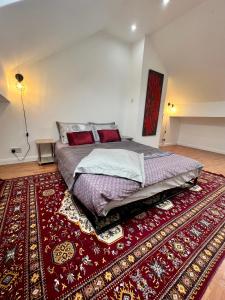 曼彻斯特House in the Heart of Manchester的一间位于红色地毯上的卧室,配有一张大床
