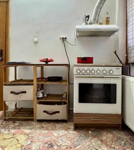 卡赞勒克Стаи за гости Алба的厨房配有炉灶和带桌子的台面